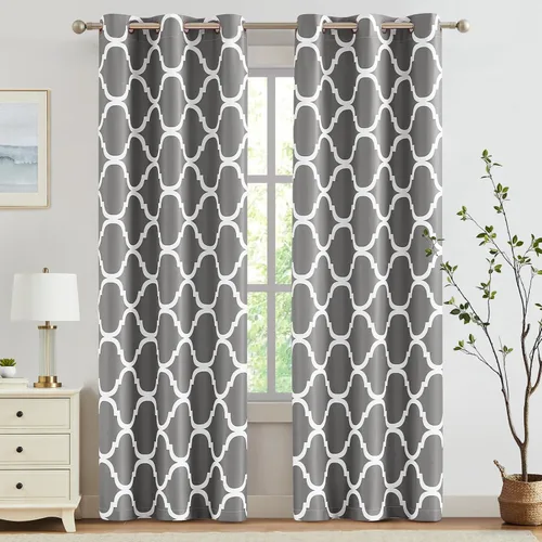 Miniatura 46 de Melodieux - Cortinas opacas estilo marroquí con aislamiento térmico y ojales para oscurecer sala de estar, 2 paneles. Blanco hueso/verde azulado