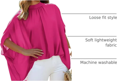 Miniatura 63 de BTFBM Blusas de verano para mujer, cuello alto falso, manga murciélago, holgadas, dobladillo alto y bajo, blusas informales de gran