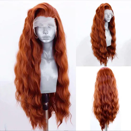 Miniatura 23 de ELESTY - Pelucas de encaje frontal sintéticas color naranja, de largo ondulado, con partición libre, sin pegamento, tejidas a media mano