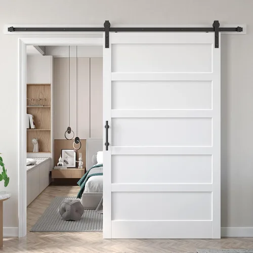 Miniatura 10 de Fredbeck Puerta de granero blanca de 30 x 84 pulgadas con kit de herrajes para puerta corredera de 5.5 pies incluido y asa, sólida, MDF, superficie