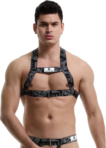 Swbreety Arnés para hombre, camiseta sin mangas de camuflaje para el pecho, correa para el pecho, disfraces, camiseta muscular y tanga con anillo