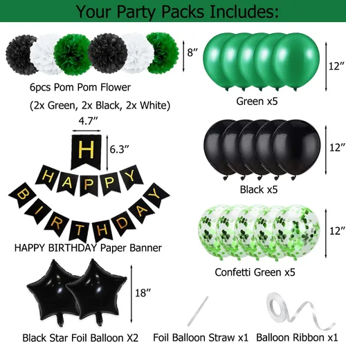 Miniatura 3 de Decoraciones de cumpleaños para hombres, suministros de decoración de fiesta verde y negro, incluyendo pancarta de feliz cumpleaños, confeti, globos