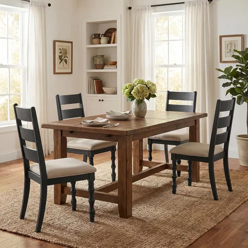 Miniatura 7 de Kmax Juego de 2 sillas de comedor de granja, silla de cocina rústica tapizada con respaldo de escalera, silla de madera marrón oscuro con patas