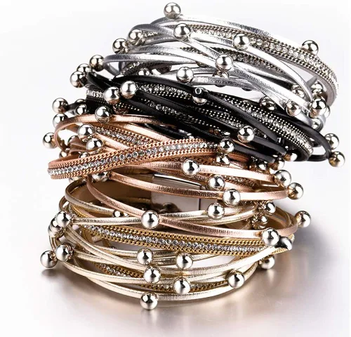 Miniatura 3 de Fesciory - Pulseras envolventes de cuero para mujer, brazalete de cuentas de cristal de leopardo, bohemia, multicapa