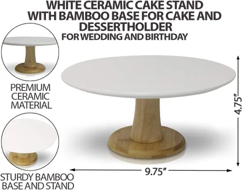 Miniatura 8 de Soporte de cerámica blanca para tartas con base de bambú, soporte para pasteles y postres para bodas y cumpleaños, decoración de cocina y hogar