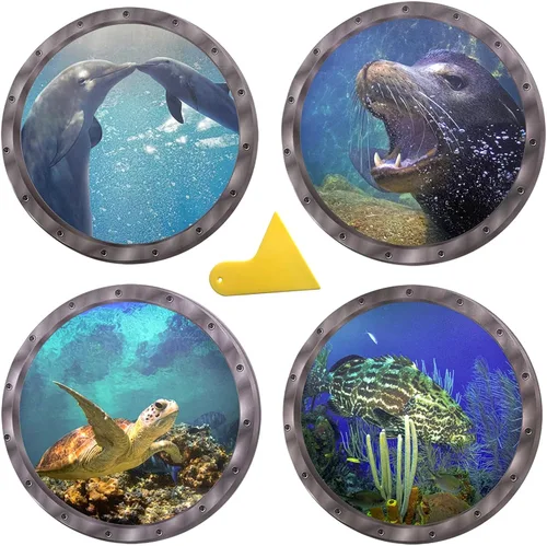 Miniatura 9 de Calcomanías adhesivas redondas 3D para ventana de ojo de buey de 11 pulgadas, tema oceánico (tortuga marina, tiburón, delfín), calcomanías vinuales