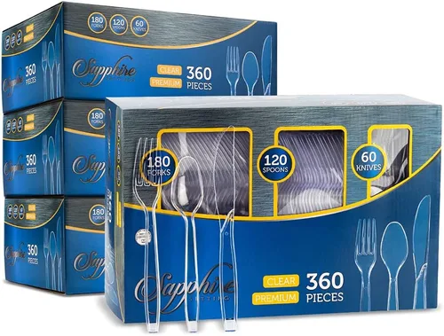 Party Bargains - Juego de cubiertos desechables. Color: Zafiro transparente. Cantidad: 1,440 unidades: 240 cuchillos, 480 cucharas, 720 tenedores.