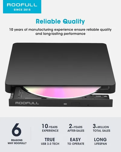 Miniatura 7 de ROOFULL Unidad externa de CD/DVD USB 3.0 y USB-C, ultrafina de 0.5 pulgadas, reproductor de CD y DVD de alta velocidad, grabador para computadora