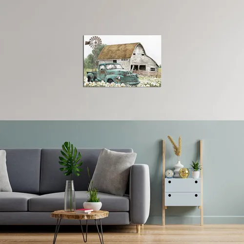 Miniatura 9 de Apicoture Decoración de casa de campo, cuadros artísticos de pared, molino de viento de granero, verde azulado, lienzo para automóvil, arte rústico