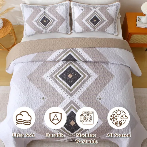 Miniatura 6 de Juego de edredón bohemio tamaño Queen, colcha con textura azteca, color marrón, colcha bohemia, colcha occidental, juegos de ropa de cama suave