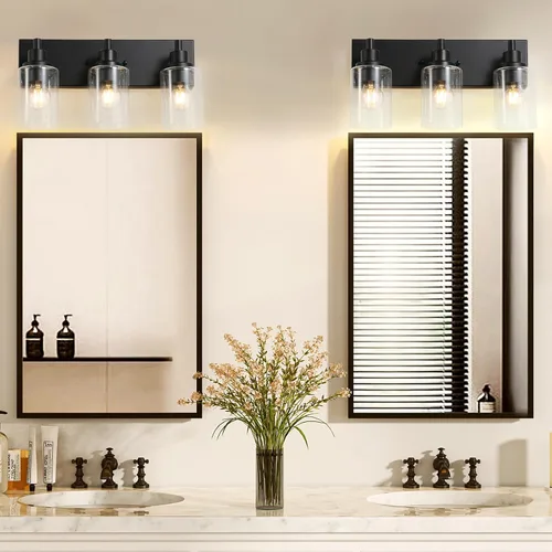 Miniatura 2 de LOUSACE Lámpara de tocador de baño de 3 luces, lámparas de baño negro mate sobre el espejo, iluminación moderna de baño con pantalla de vidrio