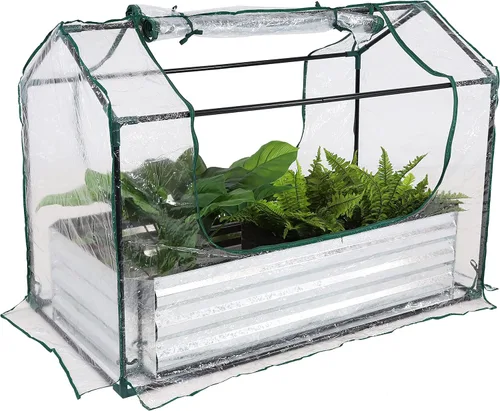 Sunnydaze - Cama de jardín elevada de acero con mini invernadero, kit de invernadero para exteriores, 2 puertas con cremallera, transparente, 4 x 2