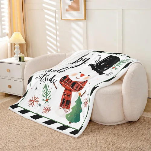 Miniatura 3 de Manfei Manta de Navidad con árbol de Navidad, muñeco de nieve, copo de nieve, para decoración de habitación de niños y niños, manta de rayas blancas