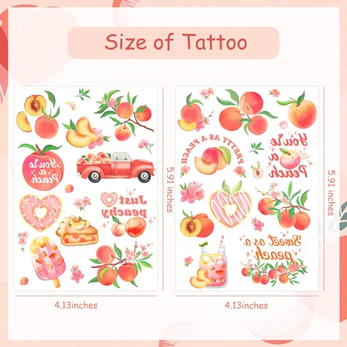 Miniatura 5 de Tatuajes temáticos de melocotón rosa, tatuajes temporales de frutas para decoraciones de fiesta de verano, simplemente decoración de melocotón