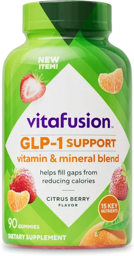 vitafusion GLP-1 Support Multivitamínico, mezcla de vitaminas y minerales, 15 nutrientes esenciales, sabor a bayas cítricas, 90 unidades, suministro