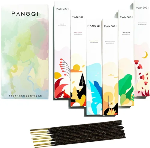 India - Palitos de incienso hechos a mano - Juego de 6 inciensos (120 palos) para yoga, pilates, meditación, tarot - almizcle, Palo Santo, sangre de