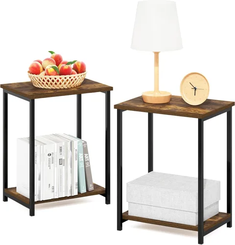 Miniatura 22 de Furinno SIMPLISTIC - Juego de 2 mesas auxiliares, mesa de 2 niveles, mesita de noche, mesita, mesa de luz, fácil montaje, para sala de estar, Roble