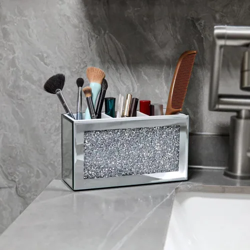 Miniatura 3 de Organizador de brochas de maquillaje plateado, brillante con 3 ranuras de cristal de diamante triturado con espejo de cepillos cosméticos