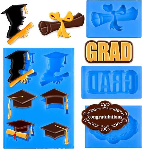 Whaline Paquete de 4 moldes de silicona para fondant de graduación 2026, molde de diploma de felicitaciones, felicitaciones, dulces, chocolate, para