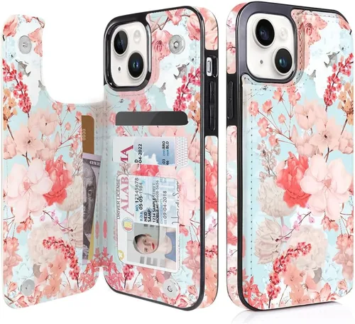 Miniatura 34 de uCOLOR Funda de piel con tapa para tarjetas compatible con iPhone 13 6.1, iPhone 14 6.1, mujeres y niñas con tarjetero y función atril