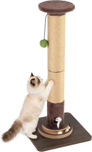 Poste rascador de sisal para gatos de 35.4 pulgadas de alto, base estable antipunta, agujero interactivo para mouse y juguetes, torre rascador de