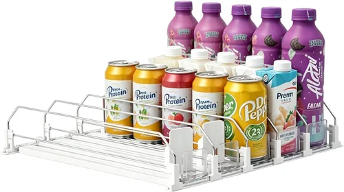 Organizador de bebidas para refrigerador, dispensador de latas de soda para refrigerador, organizador de bebidas mejorado de 5 filas, empujador de