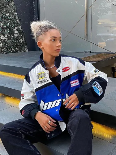 Miniatura 3 de Aelfric Eden Chaqueta de motocicleta para hombre, chaqueta de béisbol Blackair Moto Varsity para mujer, abrigos vintage