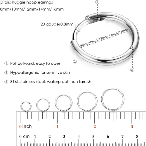 Miniatura 2 de Milacolato Pendientes de aro de acero inoxidable 316L de 0.315in, 0.394in, 0.472in, 0.551in, 0.630in, cómodos aretes laterales para cartílago