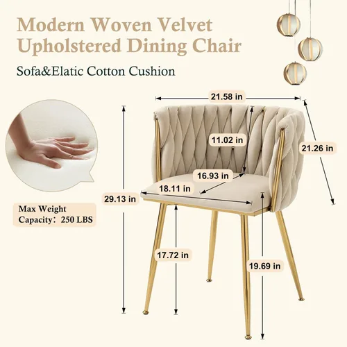 Miniatura 3 de NIOIIKIT - Sillas de comedor modernas de terciopelo con tejido manual, sillas de acento para sala de estar, sillas tapizadas laterales con patas