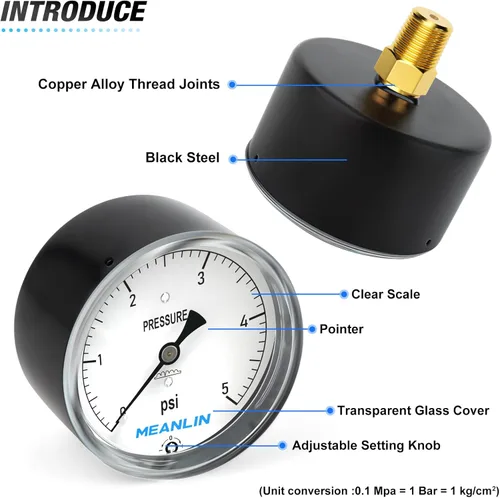 Miniatura 4 de MEANLIN MEASURE Medidor de baja presión de cápsula tipo diafragma de 0-5 psi, esfera de cara de 2-1/3 pulgadas, calibre de columna de agua