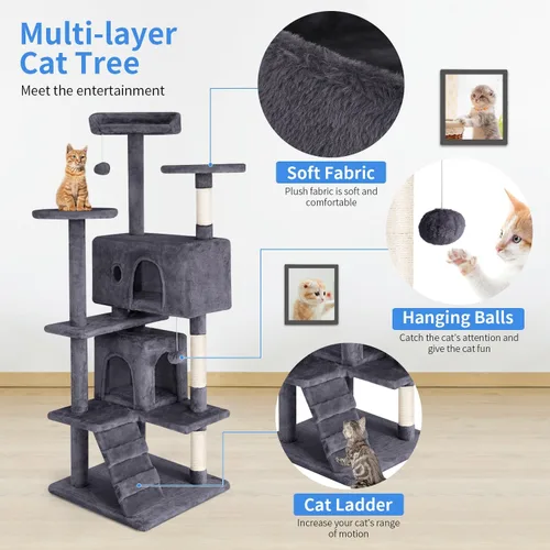 Miniatura 5 de PayLessHere Árbol para Gatos de 54 Pulgadas Torre para Gatos con Poste Rascador para Gatos, Soporte de Condominio para Gatos de Múltiples Niveles