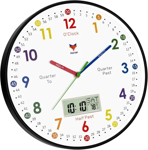 Miniatura 7 de Foxtop Reloj de Aprendizaje Digital y Analógico para Niños - Reloj de Enseñanza para Decir la Hora de 12 Pulgadas Silencioso Sin Tictac Operado