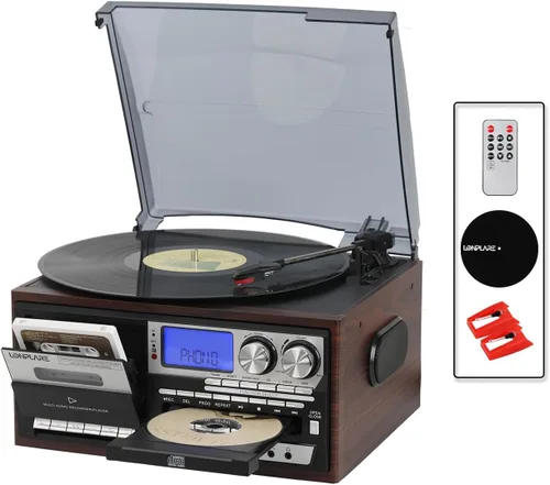 Reproductor de discos de vinilo vintage de 3 velocidades todo en uno con altavoces integrados, tocadiscos Bluetooth, reproductor de