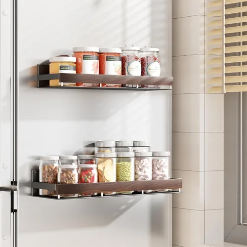Miniatura 2 de Organizador magnético de especias de nogal para refrigerador, soporte de pared, estante de especias magnético para refrigerador, organizador