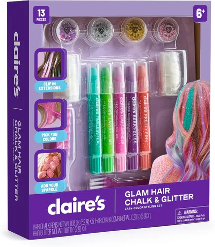 Miniatura 6 de Claire's Kit de peinado de tiza para el cabello y purpurina, juego de 13 piezas de color temporal para el cabello con bolígrafos de tiza lavables