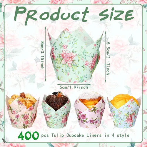 Miniatura 3 de 400 tazas florales para hornear, forros de papel para magdalenas, revestimientos para magdalenas, acuarela, flores, para fiestas de té, bodas