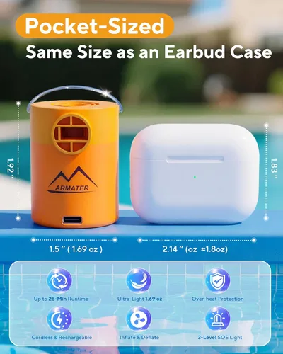 Miniatura 2 de MKARMATER - Bomba de aire portátil ultra pequeña de 1.69 onzas para flotadores de piscina y colchón de aire, inflador y desinflador inalámbrico