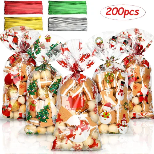 Miniatura 3 de Outus 200 bolsas de celofán de Navidad, bolsas de plástico para Navidad con lazos giratorios para dulces, galletas, regalos, envoltorios de regalo