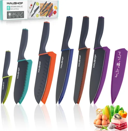 Miniatura 10 de HAUSHOF Juego de cuchillos de cocina, juego de 12 cuchillos coloridos con 6 fundas para cocina, cuchillas de acero inoxidable con revestimiento