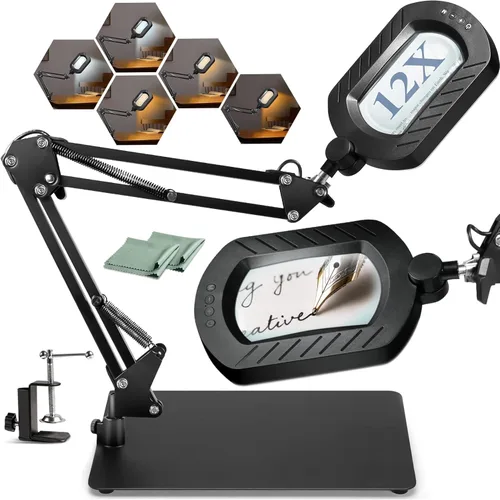 Lupa cuadrada de 12X con luz y soporte con 144 LED de brillo, 5 modos de color, lupa iluminada manos libres, 10 brillo regulable, lámpara de
