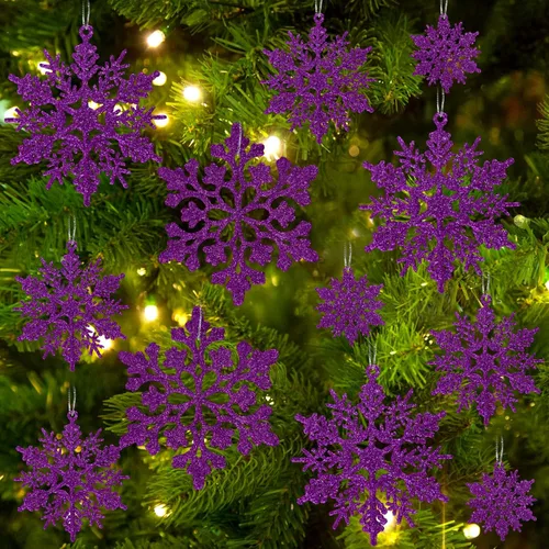 Miniatura 22 de Decoraciones para árbol de Navidad, adornos de copo de nieve, 36 piezas de copos de nieve colgantes de plástico con purpurina azul y plateado