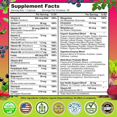 Miniatura 6 de Multivitamínico diario para mujeres 50 Plus - Multivitamínico vegano metilado para mujeres de 50 años en adelante con biotina, superalimentos