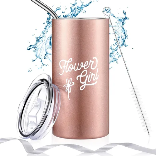 Yungyan Vaso de regalo para niña de las flores, botella de agua con popote, cepillo de limpieza, cinta para propuesta de boda, regalo de fiesta de