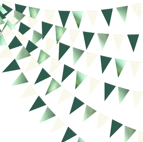 Miniatura 11 de Decoraciones de fiesta blancas de 40 pies, banderín triangular con banderines, banderas de papel blanco nacarado brillante para graduación, boda