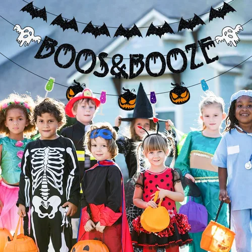 Miniatura 4 de Pancarta Pre-Ensartada de Boos y Bebidas Alcohólicas, Decoraciones de Halloween, Pancarta de Fantasma Murciélago Brujas para Decoración de Fiesta