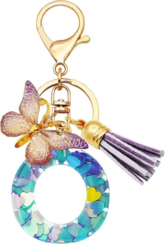 TTYY Llaveros con letra inicial para niñas y mujeres, rosa, morado, verde, lindo llavero de corazón de mariposa para mochila escolar