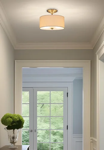 Miniatura 5 de Kira Home Addison - Lámpara de techo de 13 pulgadas con pantalla de tambor de tela blanca rota, 2 luces de techo, acabado de latón frío