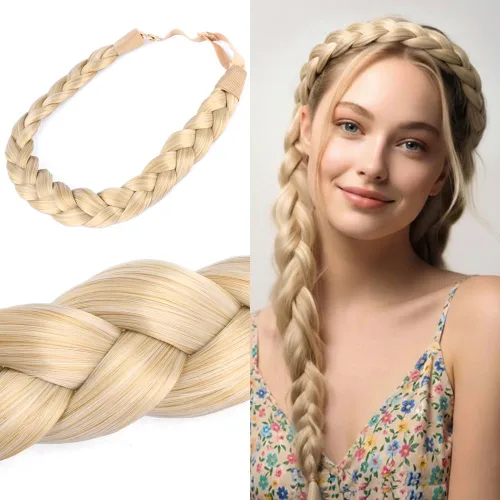 Miniatura 25 de Diadema clásica de cabello sintético trenzado, trenzas gruesas y anchas, extensión de cabello con elástico para mujeres y niñas, accesorio