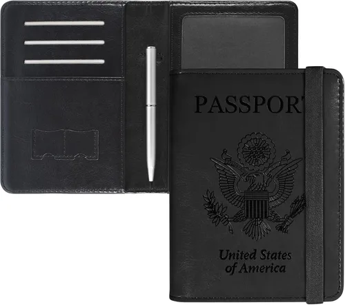 DMLuna Soporte para pasaporte, de piel sintética de alta calidad, con bloqueo RFID, funda para pasaporte, organizador de documentos de viaje con