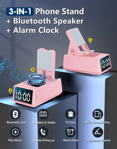 Miniatura 2 de Regalos de cumpleaños para mujeres, soporte de teléfono con altavoz Bluetooth con sonido y reloj HD, soporte inalámbrico ajustable para teléfono Rosa